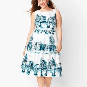 TALBOTS Womens Novelty Scenic Rome Fit & Flare Dress with Side Pockets SZ 12